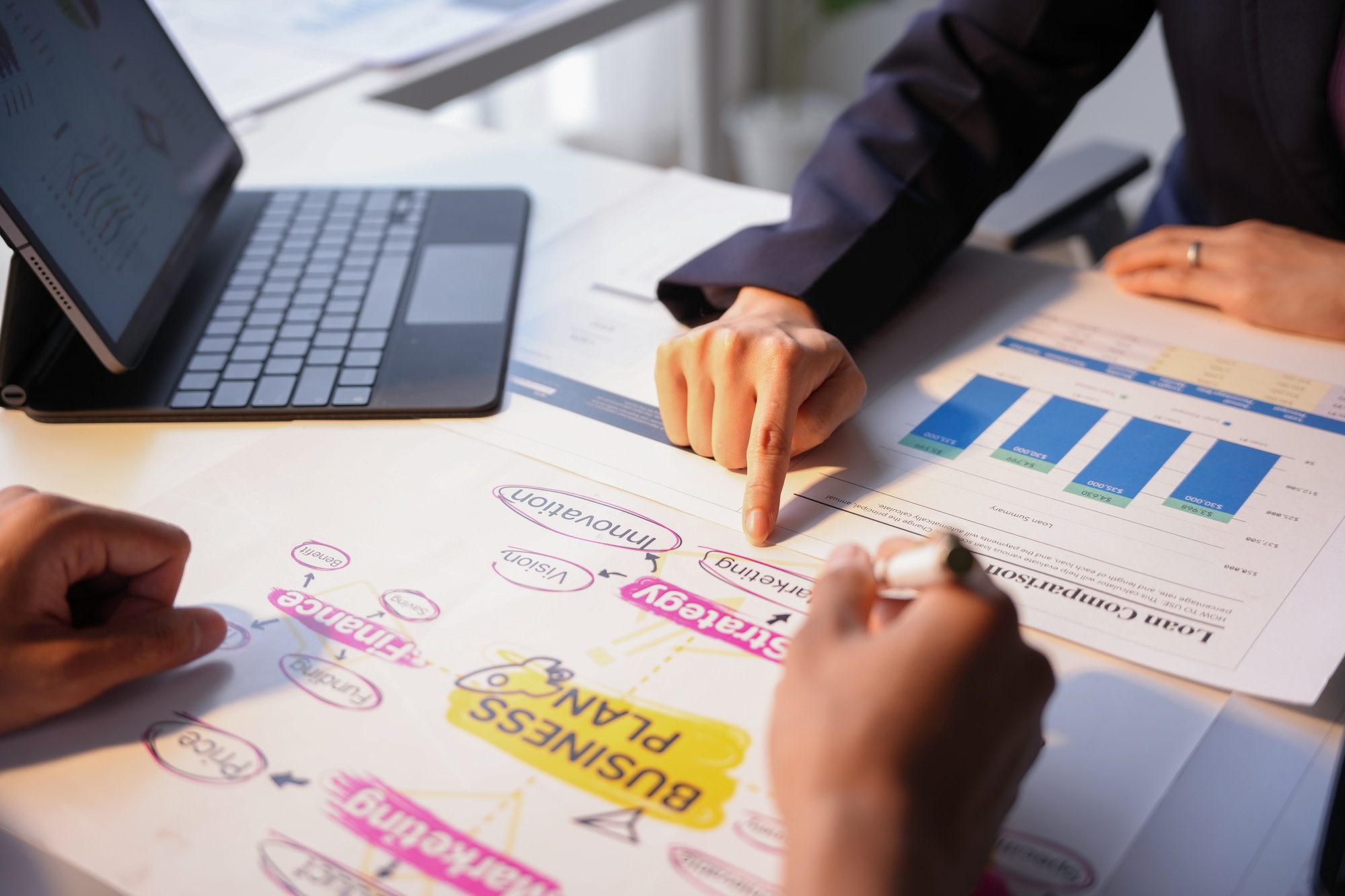 Business colleagues discussing a business plan with marketing strategy